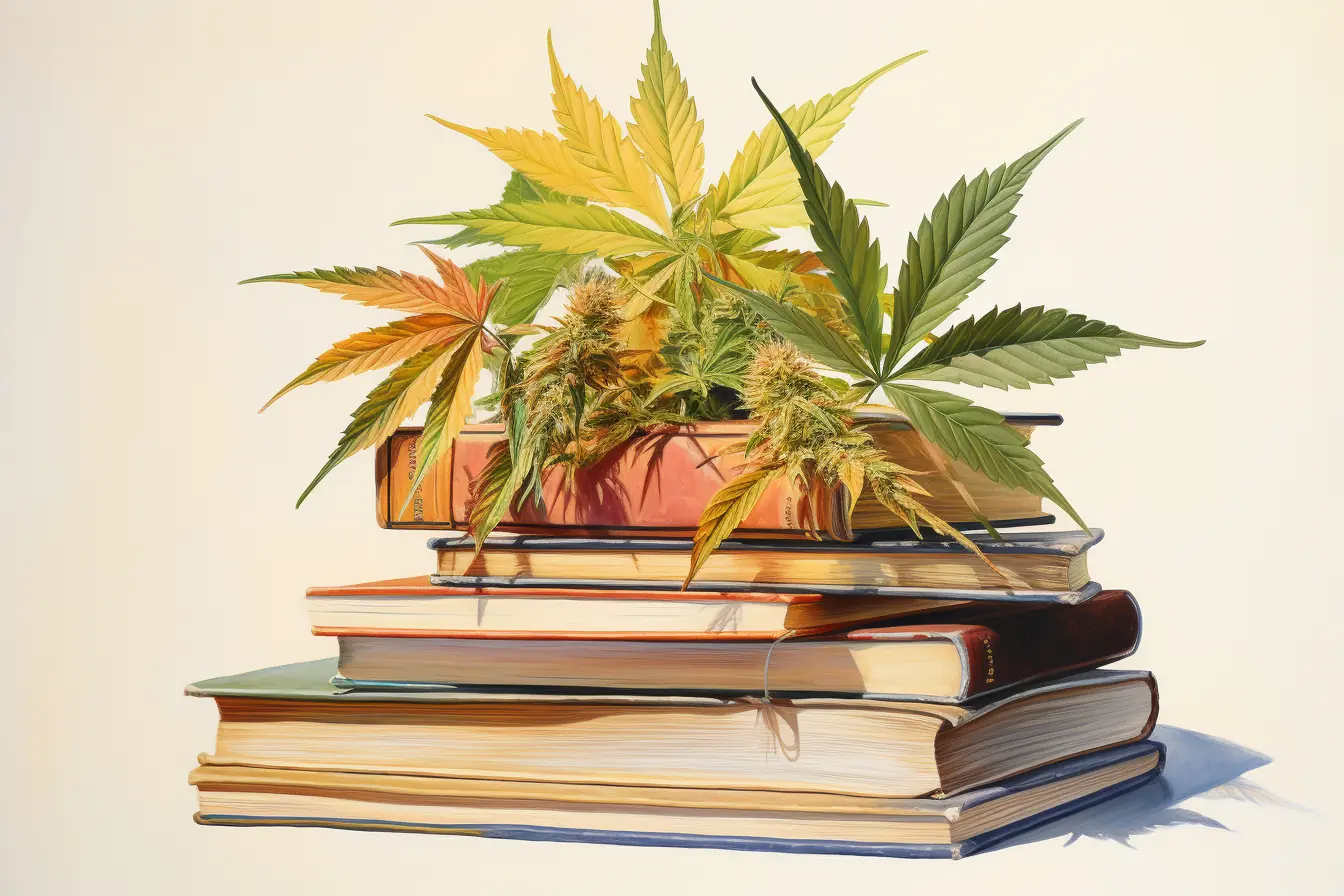 Ein Bücherstapel, der mit Cannabisblättern veredelt wurde.